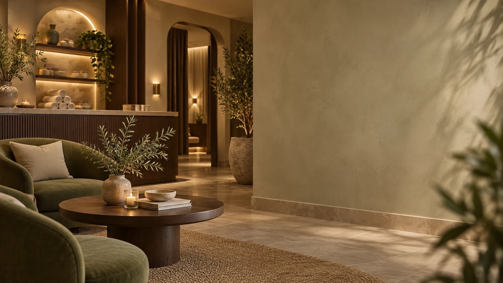 Calm spa reception with warm lighting in Oud Metha, Dubai