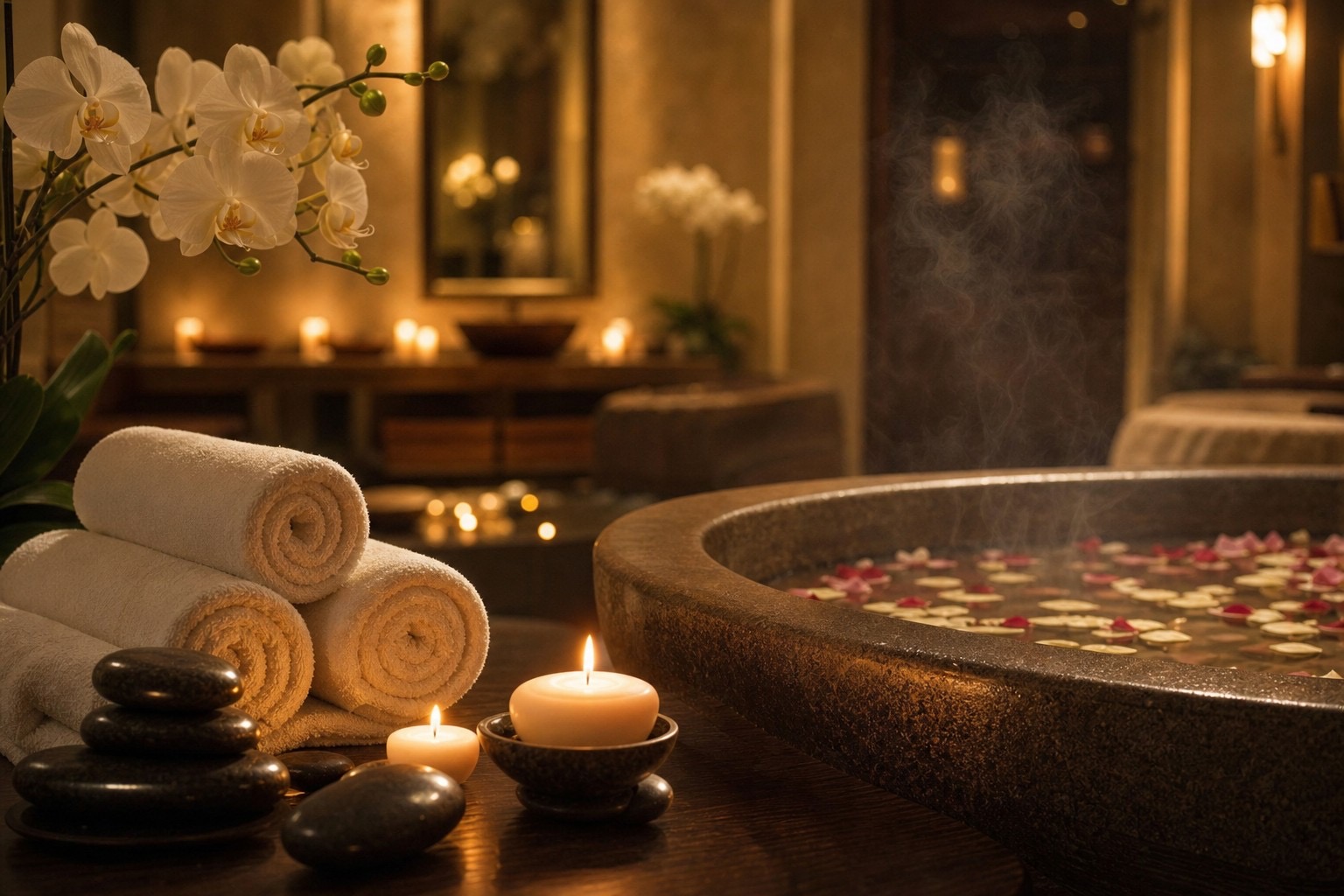 Hot stones and lit candles beside a stone soaking tub with rose petals