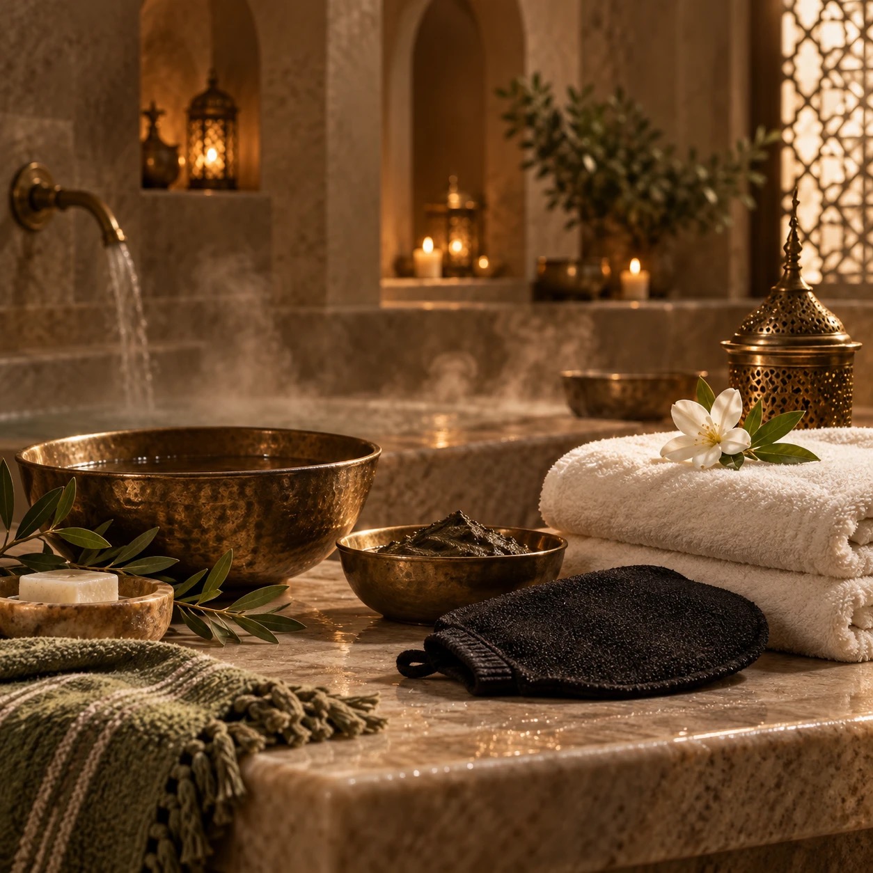 Warm stone, exfoliating mitt and folded towels prepared for a Moroccan Bath ritual